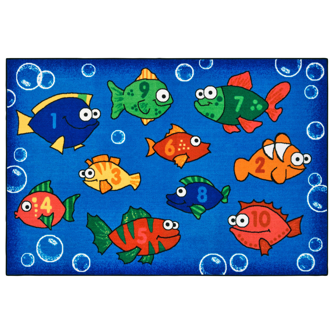 Something Fishy Preschool Counting KID$ Value Rugs™ Tufted Blue Area Machine Washable Rug Carpets for Kids Rug