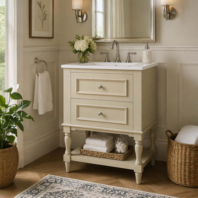 Retro Design Bathroom Vanity with Ceramic Sink and Open Shelf,Ideal for Sophisticated and Functional Bathrooms.