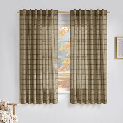 NICETOWN Rustic Grid Pattern Linen Light Filtering Plaid Curtains for Living Room Dining Room, Farmhouse Rod Pocket Back Tab Semi Sheer Window Curtains, 1 Pair