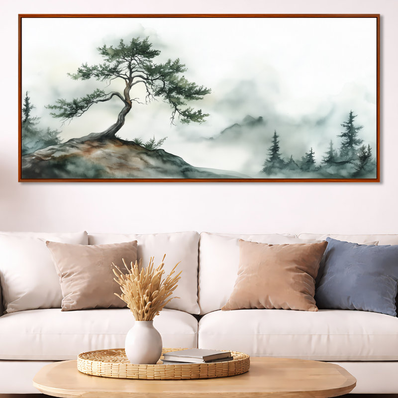 «Bonsai vert dans les montagnes», reproduction d'art encadrée zen, H 28 po x l 60 po, Cadre flottant brun