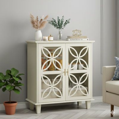 Freestanding Sideboard Buffet Storage Cabinet, Featuring Tempered Glass Doors, A Modern Retro Style Kitchen Console Table, Two-Door Decorative Storage Cabinet In A Cream Color