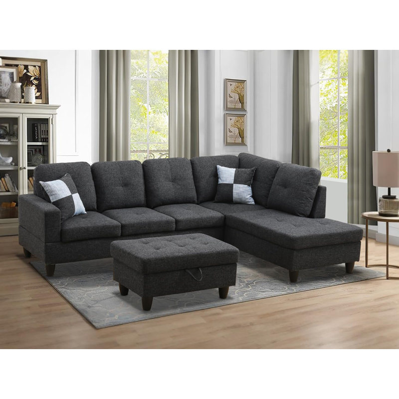 103" Wide L-Shaped Modular Living Room Sectional Sofa With Storage Ottoman, Right Hand Facing, Black Gray Linen