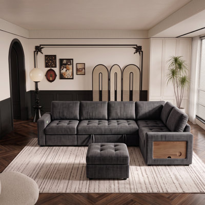 L-Shaped Sectional Sleeper Sofa Bed, 102" 7-Seat Pull Out Couch with USB Charging Ports, LED Lights & Hidden Storage, Convertible Sofa Bed for Living Room