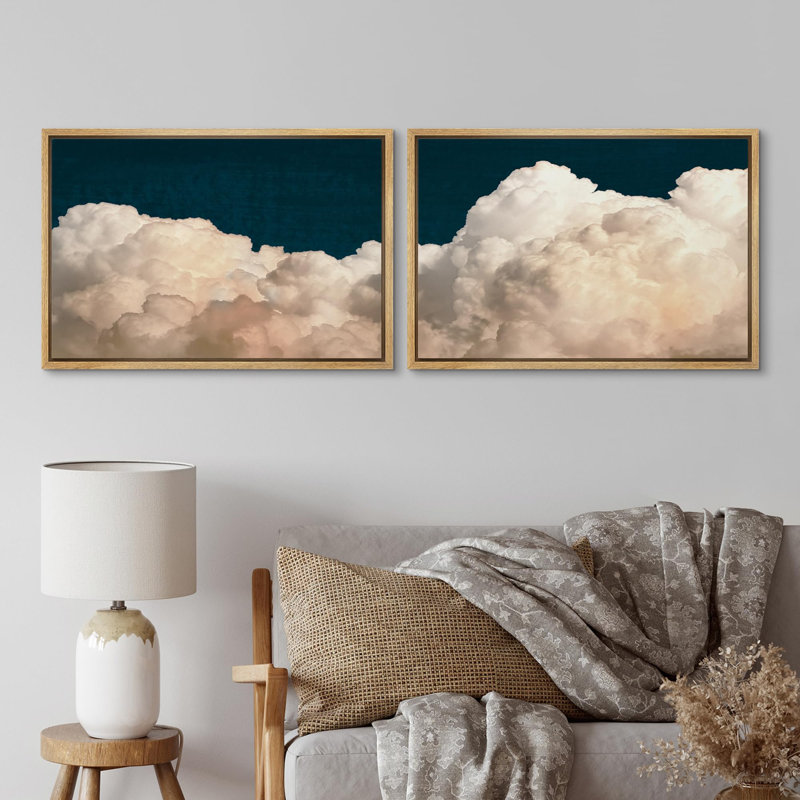Nuage serein rétro bleu marine ciel bleu nature sauvage 2 pièces, Encadré naturel, H 16 po x l 24 po