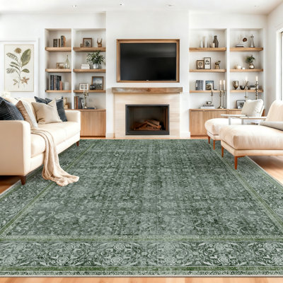 Washable Area Rug Green Floral Soft Accent Carpet Vintage Inspired Distressed Low Pile for Living Room Dining Room Bedroom Den