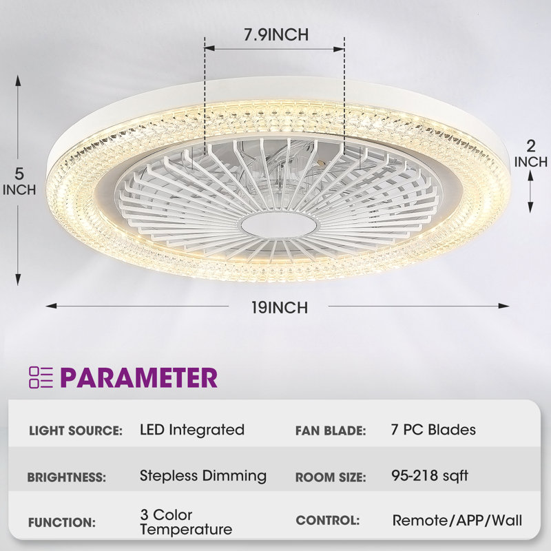 Makaiyla Smart RGB Ceiling Fan Light, 16 Million Colours, Remote/APP Control for Bedroom, White with Clear Blades, 20" Wide