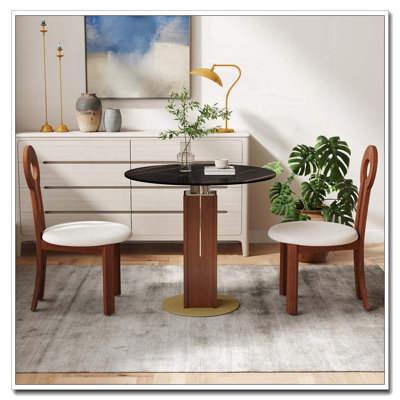 Table de salle à manger ronde, plateau en pierre mate résistante aux rayures de 12 mm, pied en noyer massif avec incrustations métalliques, base élargie en quincaillerie dorée, petite table basse pour 2 personnes idéale pour balcon ou salon, style rétro.