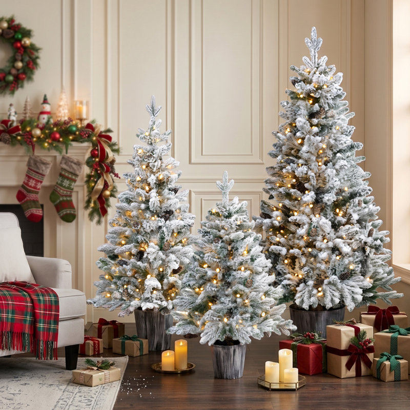 3-Piece Pre-Lit Flocked Potted Artificial Christmas Tree Set, 3 ft 4 ft and 5 ft, 300 Warm White LED Lights, 560 Branch Tips and 3 Light Modes