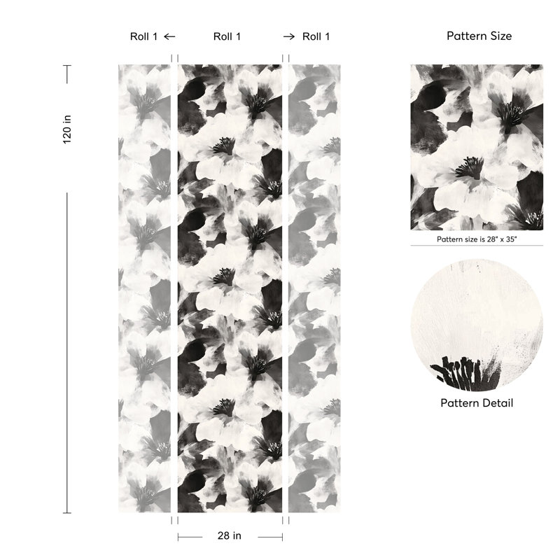 Papier peint floral noir et blanc | Murale moderne et monochrome | Rouleau pelez et collez