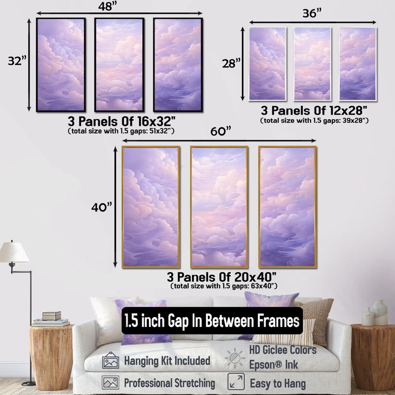 «Purple Pastel Lansdcape - Clouds», ensemble de reproduction d'art mural, Cadre flottant noir, H 32 po x l 48 po x P 1 po