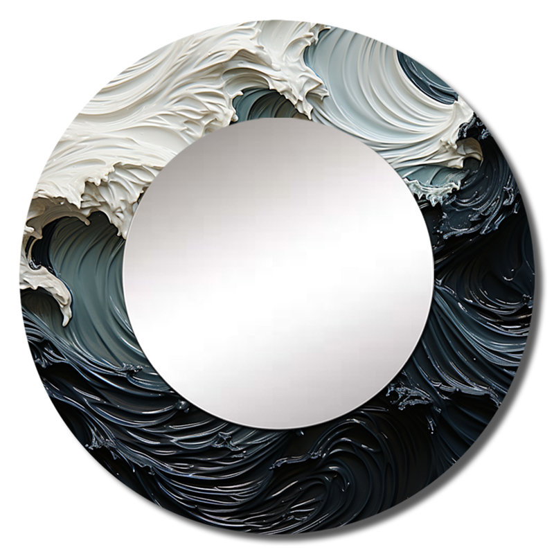 Abstrait bleu et blanc océan tempête II - grand miroir mural côtier, miroir unique bleu, impression d'art en métal, Rond