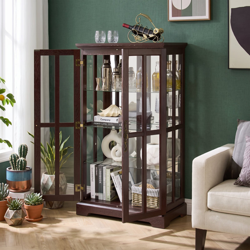 Vitrine haute en verre de 52,8 po avec lumières DEL RVB, vitrine à miroir et tablettes réglables, Cerise foncée