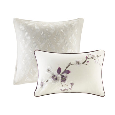 8 Piece Cotton Comforter King Purple/Taupe - Filling Floral Printed Prop 2 Euro Shams, Matching Decorative Pillows, Machine Washable For Fill Decoration