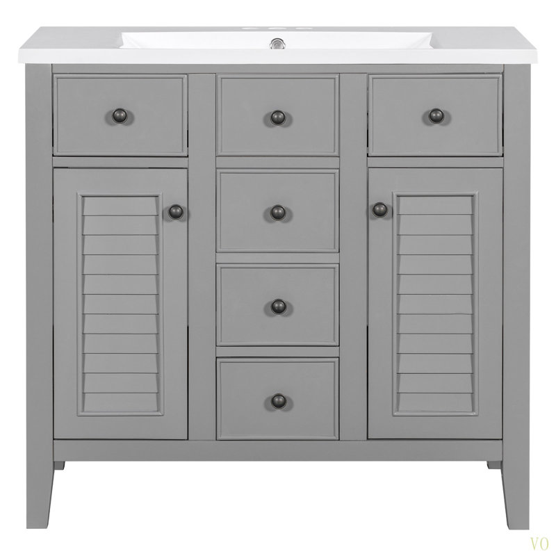 36" Bathroom Vanity With Ceramic Basin, Two Cabinets And Five Drawers, Solid Wood Frame