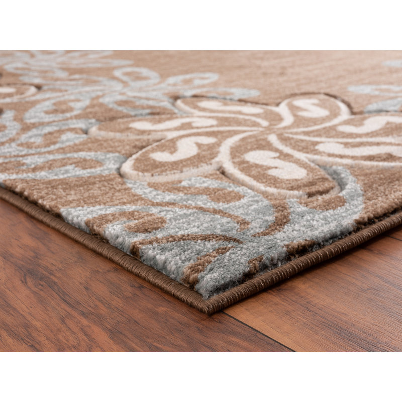 Tapis brun / turquoise à motif floral Zader, Rond 8 pi 1 po