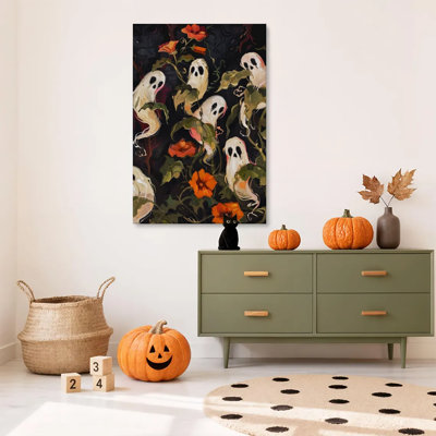 1pc, impression sur toile encadrée d'Halloween, affiche rétro, fantômes effrayants d'Halloween en fleurs, impression sur toile, impression sur toile pour salon, chambre, bureau, salle de bain, dortoir, prêt à accrocher