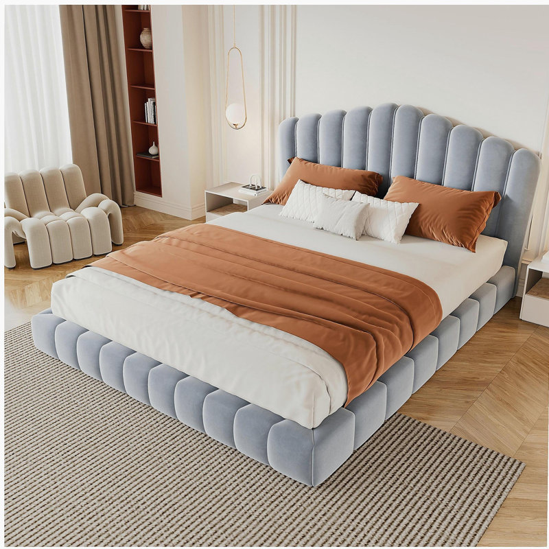 Tête de lit tapissier en velours pour lit de grand lit, sans sommier tapissier, bleu clair
