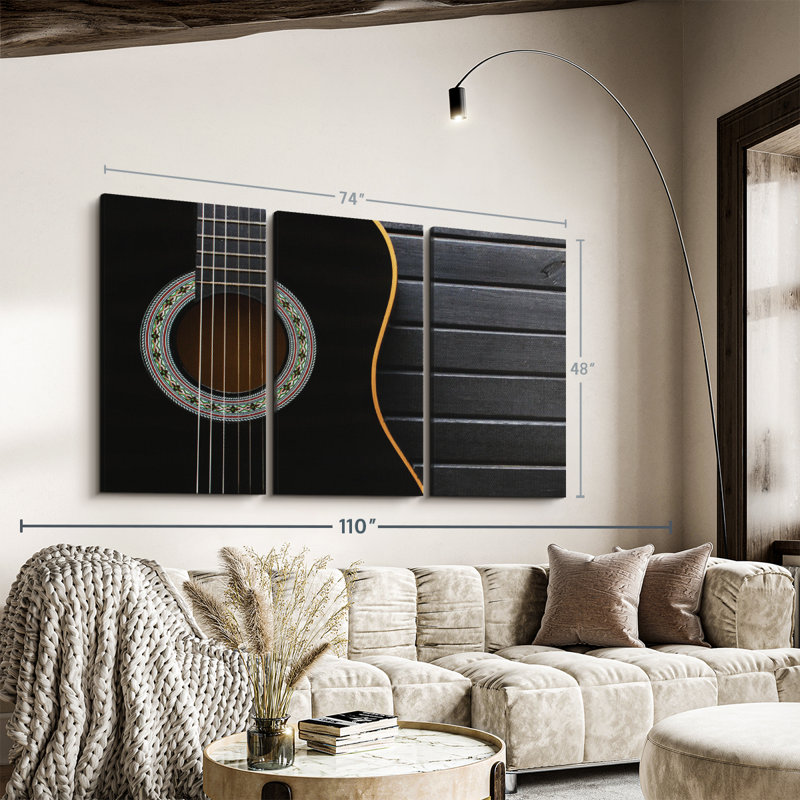 "Guitare acoustique foncée", 3 pièces sur toile, H 48 po x l 74 po x P 1,25 po