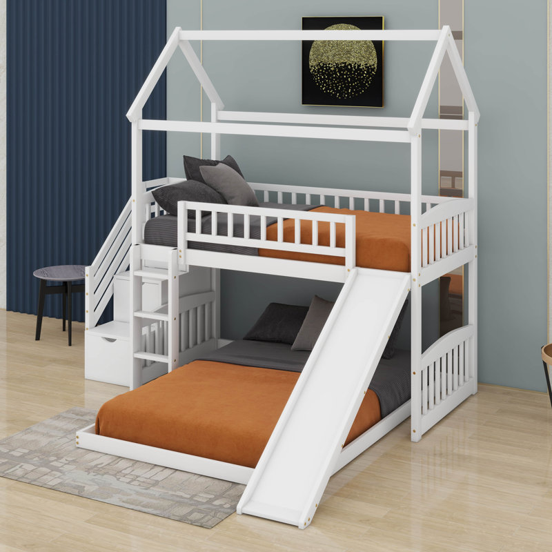 Twin Over Full Bunk Bed With Slide, White