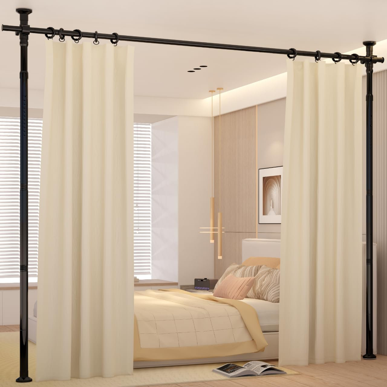 Latitude Run® Room Divider Curtain Rod, No Drilling Adjustable Space  Partition, Heavy Duty Floor To Ceiling Tension Rod, 4-10Ft(H) 28-70Inch(W),  ..., image size:1280x1280