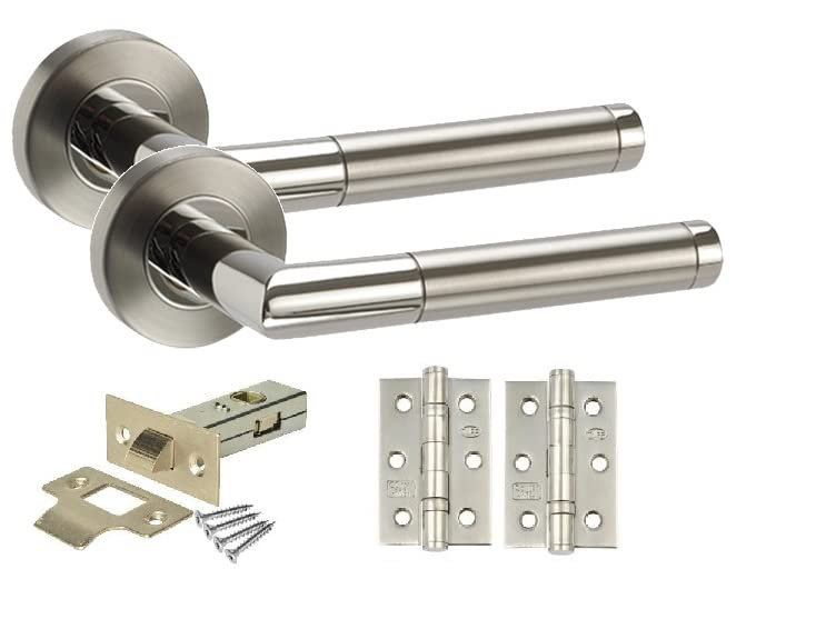 Golden Grace Mitred Style Modern Bathroom Door Handles Set Lever Latch on Round Rose with Duo Chrome Finish with Ball Bearing Hinges and 64mm Tubular