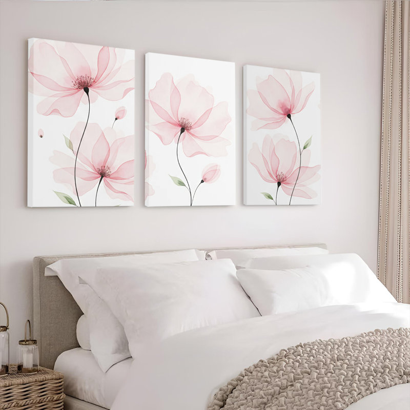 «Pink Floral Watercolor», ensemble de 3 reproductions botaniques sur toile, H 30 po x l 60 po