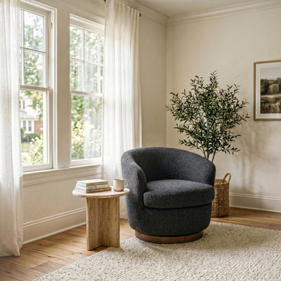 Boucle Swivel Barrel Accent Chair with Wood Base
