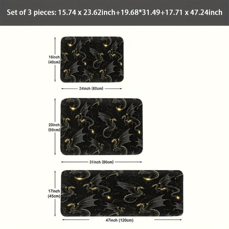 Black Gold Dragon Kitchen Rug 3 Piece Set for Kitchen & Living Room