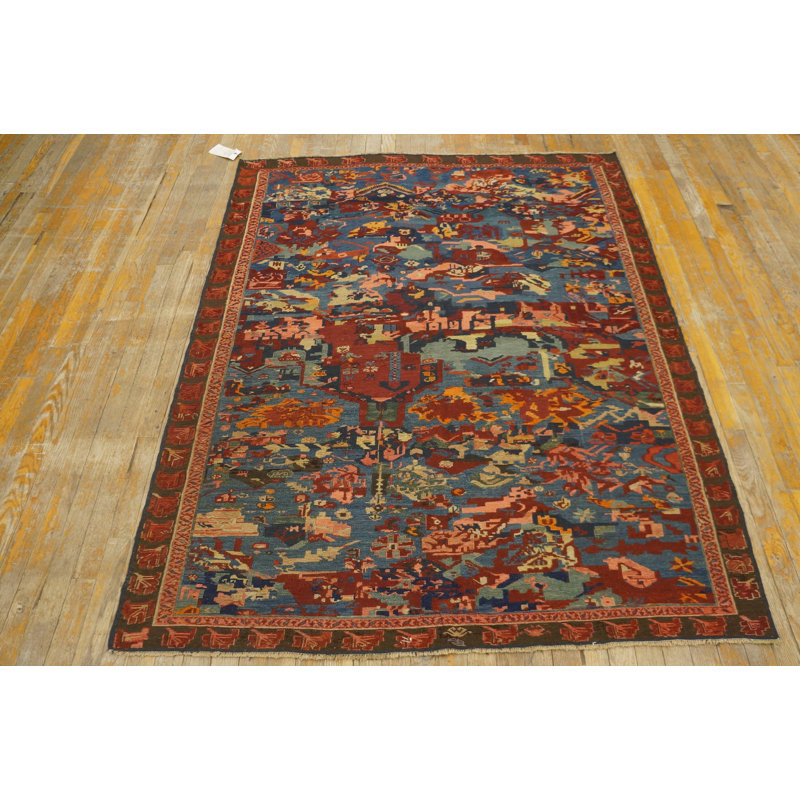 Unusual Tribal Abstract Antique Caucasian Soumak Small Light Blue Flat Weave Rug