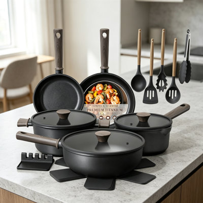 19 Pcs  Titanium Non Stick Pots and Pans Set, Non-Toxic Healthy Induction Kitchen Cookware Kit Complete with Frying Pans for Family Cooking