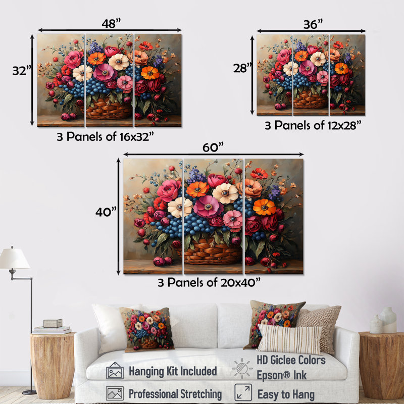 Ensemble de décoration murale jardin de fleurs rose et blanc - fleurs sauvages, Toile tendue, H 28 po x l 36 po x P 1 po