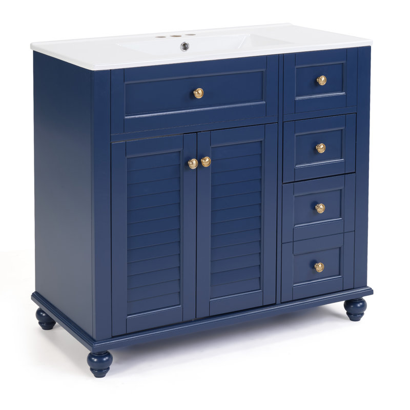36" Blue Bathroom Vanity With Ceramic Sink, Soft-close Drawers & Solid Wood Frame – Multi-organizer Storage Cabinet