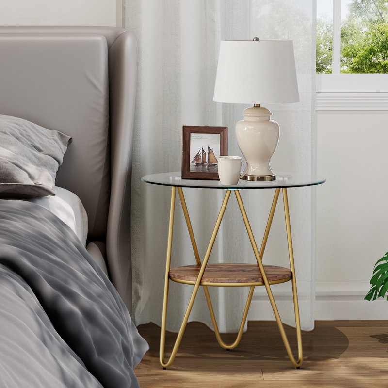 Table d'appoint ronde, table de bout en verre avec tablettes de rangement, Or