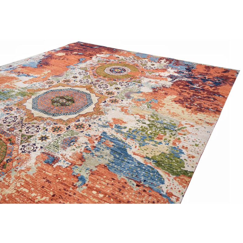 Hand Knotted Wool Area Rug in Rust
