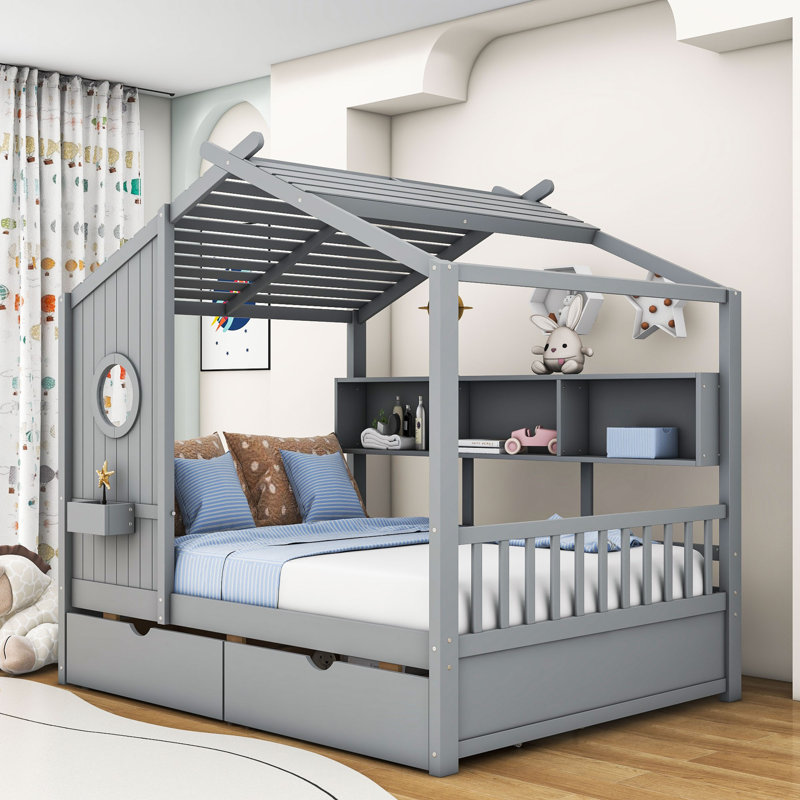 Wood Daybed with 2 Drawers and Shelves, Gray, Full / Double
