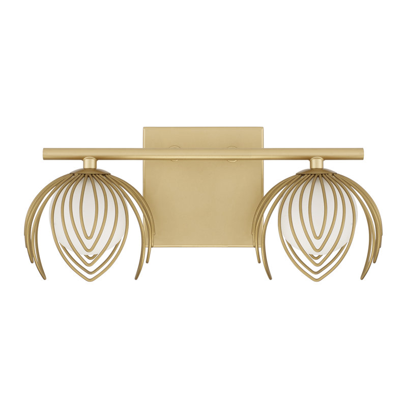 14" W x 6.25" H 2-Light Vanity in Buffed Gold with Bent Wire Petals and Soft White Glass Globes, 2