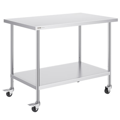Stainless Steel Work Table 30 x 48 x 38 Inch, Featuring 4 Wheels, 3 Adjustable Height Levels, Heavy-Duty Food Prep Worktable for Commercial Kitchen Restaurant, Silver