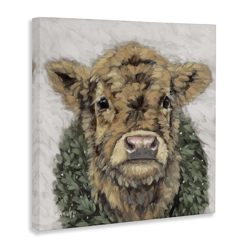 «Calf with Holiday Wreath», art mural sur toile par Sara G. Designs, H 17 po x l 17 po