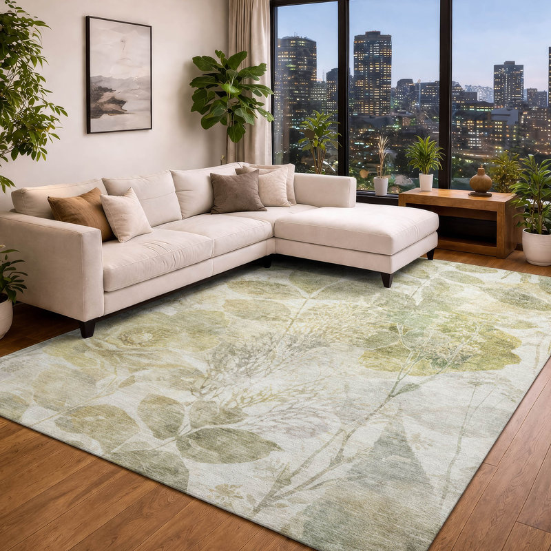 Machine Washable Indoor/Outdoor Chantille ACN2890 Floral Rug, 9' x 12', Sage