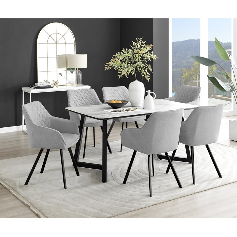 Industrial Design White & Grey Marble Effect Melamine Dining Table Set with 6 Upholstered Chairs, Light Grey/Black