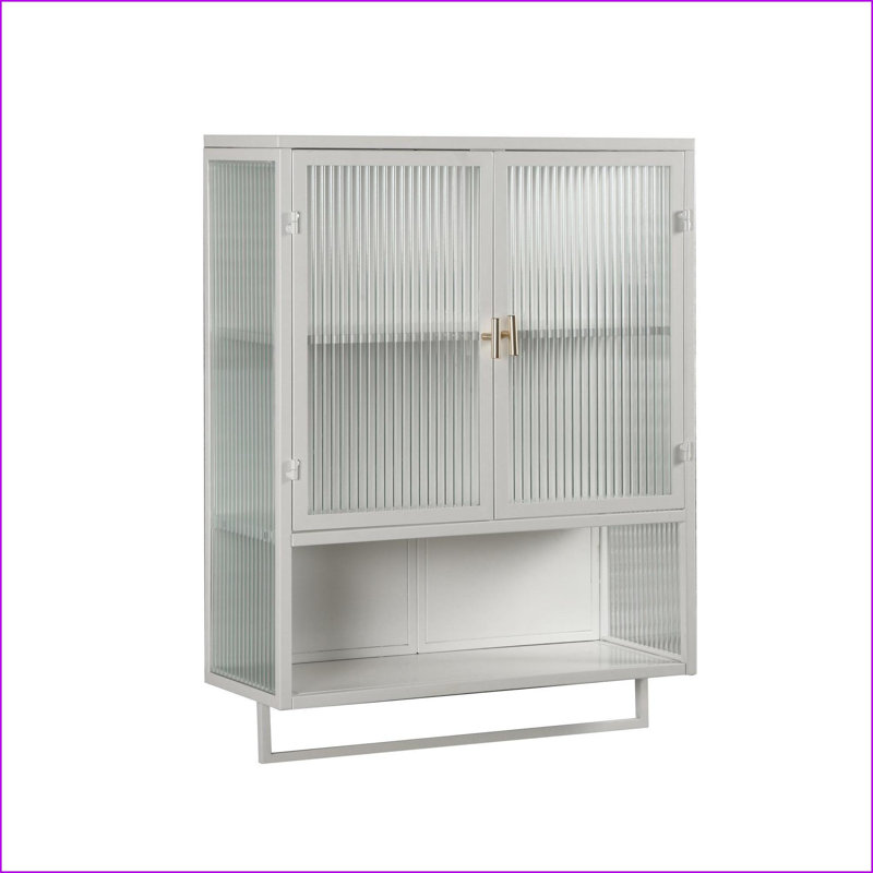 Buffets, armoire murale moderne en métal blanc et verre trempé avec rangement à deux niveaux, tablette ouverte et amp; Porte-serviettes | Métal | Verre trempé