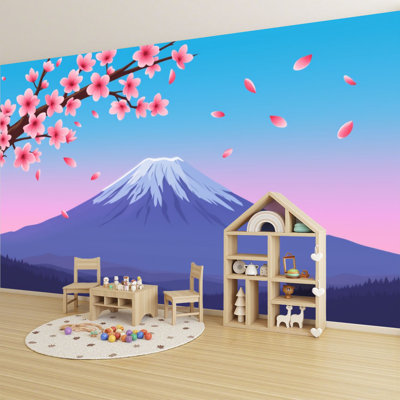 Papier peint adhésif à motif de fleurs de cerisier à fleurs roses, paysage de montagne enneigé, H 69 po x l 96 po, papier peint amovible en PVC autocollant pour chambre à coucher, bureau à domicile