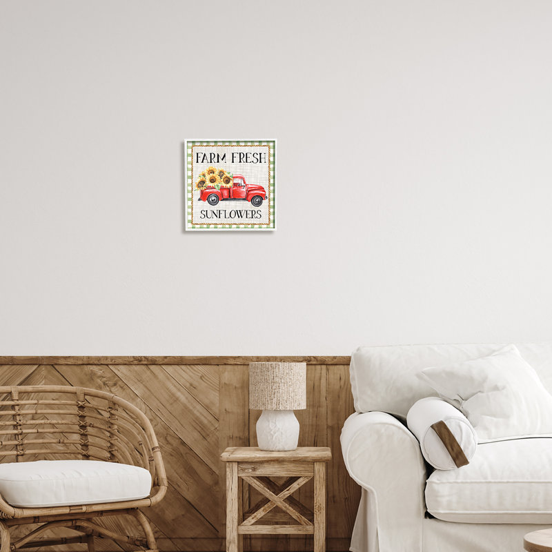 Motif de tournesols frais Gingham Farm - cadre flottant, impression sur bois, H 12 po x l 12 po x P 1,5 po