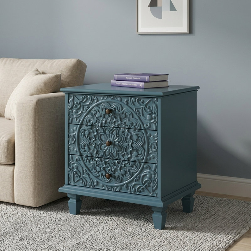 Commode 3 tiroirs, commode en bois sculpté Farmhouse, Bleu