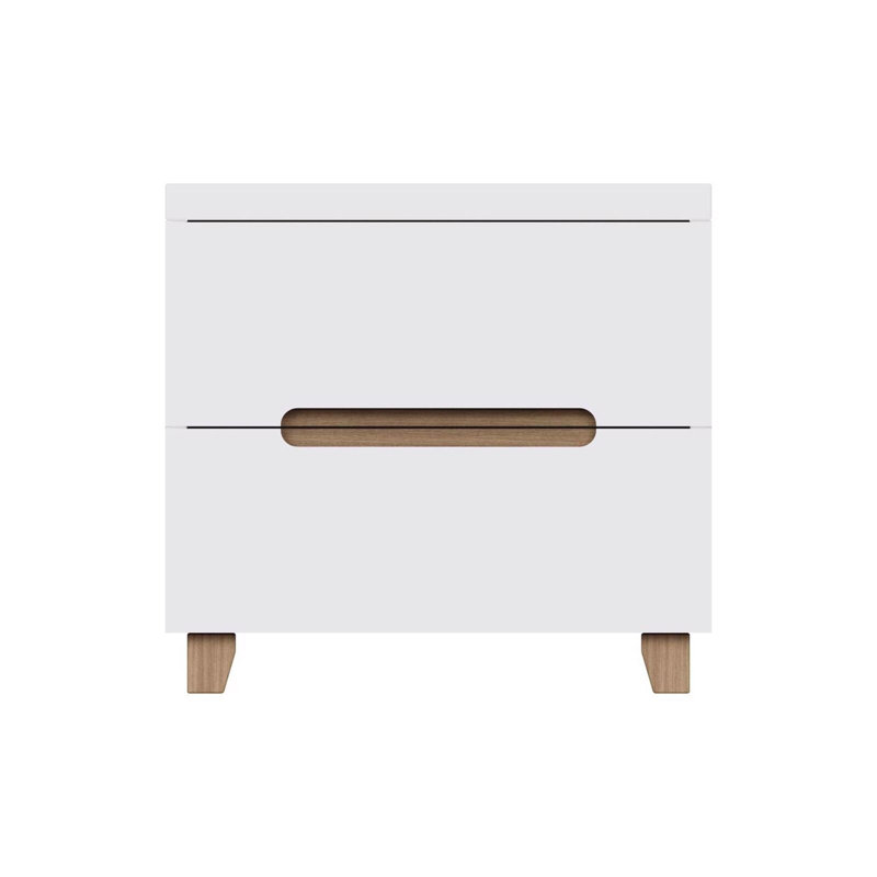 Mcfadden 2 Drawer Bedside Table Nightstand Cabinet. Oak Effect Accent. High Gloss White Front & Frame. 