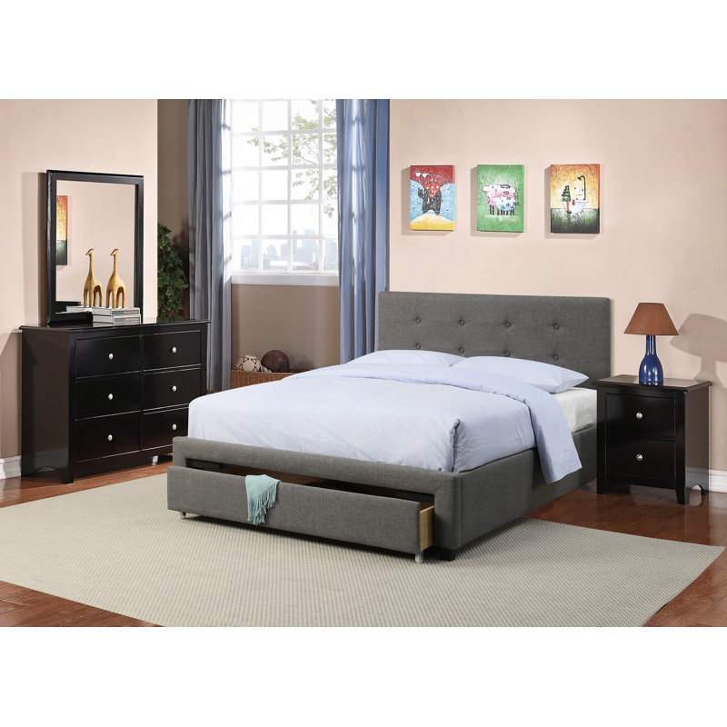 Lit de chambre à coucher capitonné 1pc, Noir/gris, Bois massif / bois manufacturé