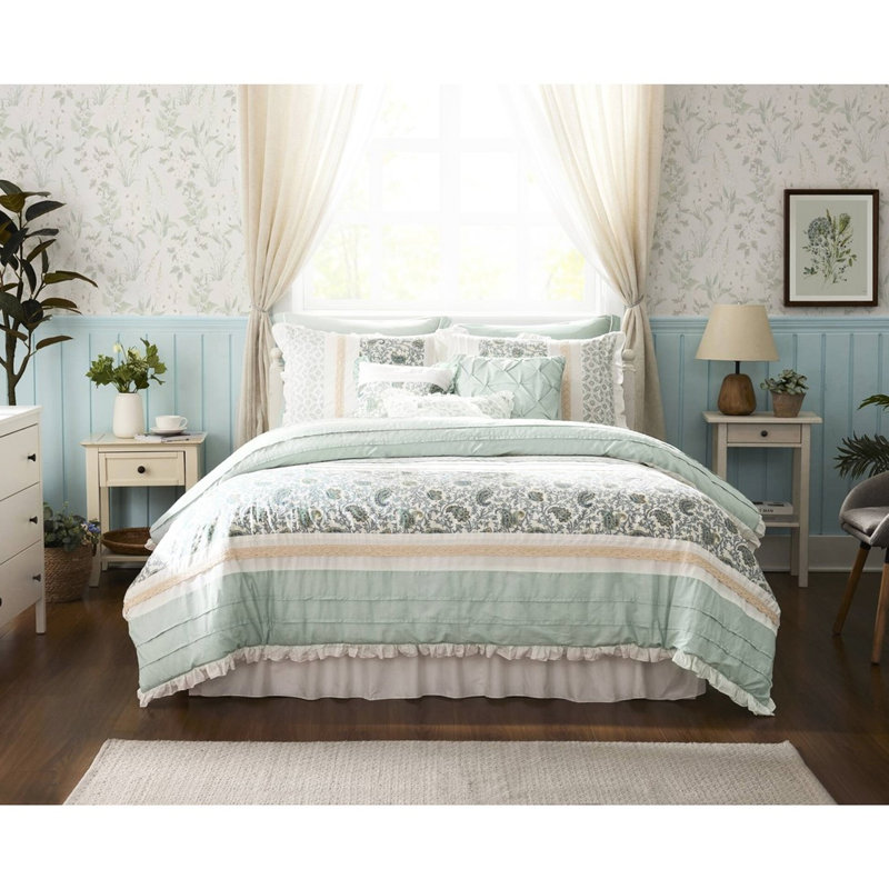 Dawn Bedding Queen - Charmant avec édredon et coussins décoratifs, Turquoise, Édredon grand + 8 pièces supplémentaires inclus