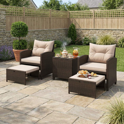 5-Piece All-Weather UV-Resistant PE Rattan Patio Furniture Set, 2 Padded Chairs, 2 Soft Cushioned Ottomans, Scratch-Proof Tempered Glass Coffee Table