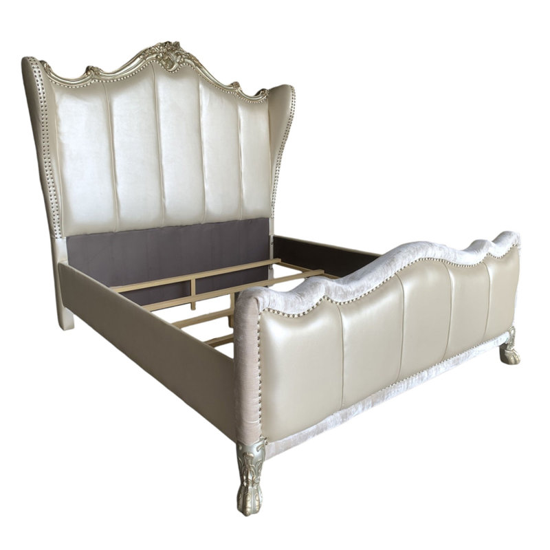 Danie Wingback Headboard Panel Bed, Pearl White Synthetic Leather & Gold Patina, King