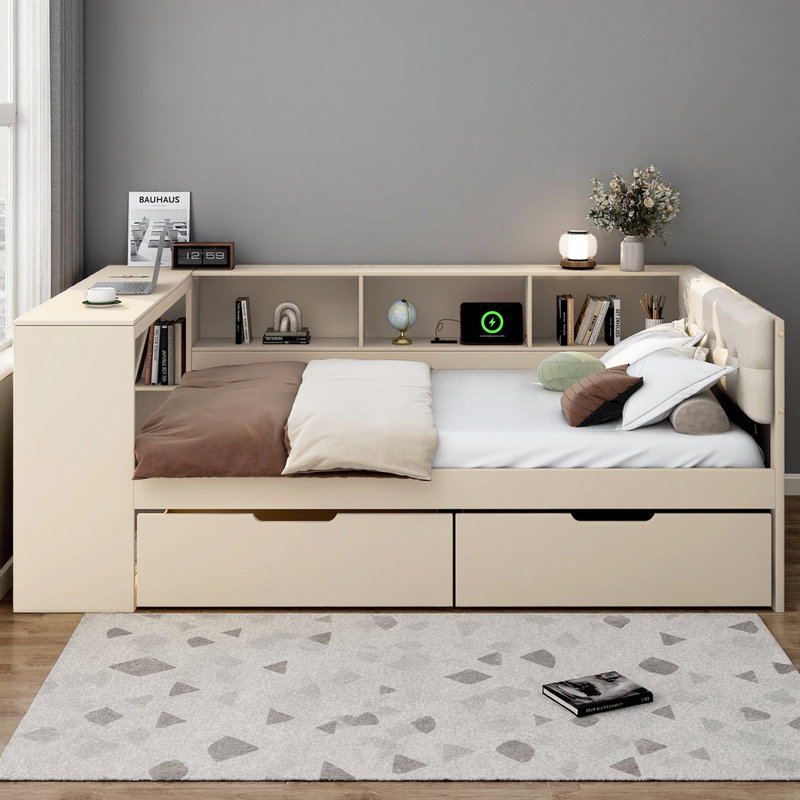 Lit plateforme simple avec rangement, station de charge et tête de lit tapissier, Blanc